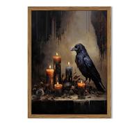 Framed Vintage Halloween Black Raven Canvas Wall Art, Gothic Dark Academia Crow Pictures Wall Decor, Spooky Moody Candlelight Paintings Prints for Living Room Bedroom Bathroom Dorm 16x24 inch
