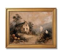 Framed Vintage Halloween Cottage and Ghosts Poster, Canvas Print Art, Rustic Painting Wall Art, Whimsical Art Print, Cute Pictures for Living Room Home Decor (Retro Framed,12L X16W)