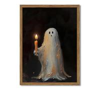 Framed Vintage Halloween Ghost Canvas Wall Art, Cute Ghost Holding Candle Pictures Wall Decor, Spooky Gothic Dark Academia Paintings Prints for Living Room Bedroom Bathroom 12x16 inch