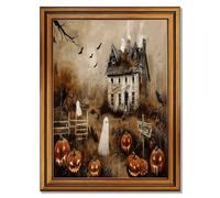Framed Vintage Halloween Haunted House Ghosts Poster Canvas Print Art Rustic Gothic Wall Art Painting Pictures Wall Decor Exquisite Home Decoration for Living Room (Retro Framed,24L X36W)
