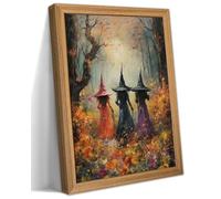 Framed Vintage Halloween Witch Wall Art - Halloween 3D Texture Witches Pictures Fall Decor for Living Room, Mysterious Forest Witchy Sandstone Aesthetic Art Prints for Bedroom Kids Room - 12x16in