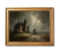 Framed Vintage Haunted Mansion Lightning Storm Halloween Poster Canvas Print Art Gothic Rustic Wall Art Painting Pictures Wall Decor Stunning Art Print Home Decor (Retro Framed,12" Lx16 W)