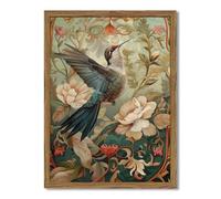 Framed Vintage Hummingbird Wall Art, Floral Bird Wall Decor Paintings, 3D Sandstone Textured Nature Botanical Pictures Prints Aesthetic Home Decor for Living Room Bedroom Bathroom Office 16x24 inch