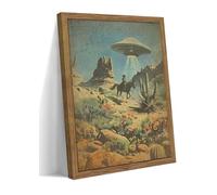 Framed Vintage Intergalactic Western Canvas Wall Art, Alien UFO Abducting Cowboy, Desert Cactus and Flowers Wall Decor, Retro Sci-Fi Poster for Living Room Bedroom - Dark Wooden Frame 12x16in