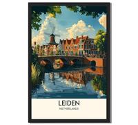 Framed Vintage Leiden Netherlands Canal Windmill Poster Canvas Print Wall Art for Living Room Decoration Exquisite Wall Decor Pictures (Black Framed,24L X36W)