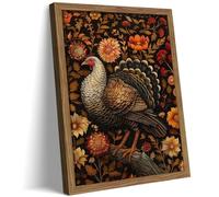 Framed Vintage Turkey 3D Textures Wall Art - Fall Floral Thanksgiving Wall Decor, Rustic Autumn Harvest Bird Artwork Painting for Living Room Kitchen Dining Room - 12x16in