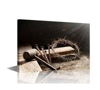 Framed Wall Art 1 Panel Passion Of Jesus - Wooden Cross With Crown Of Thorns Hammer And Bloody Spikes Picture Poster for Living Room, Wooden Framed Gallery-Wrapped Ready to Hang, 24"Wx16"H