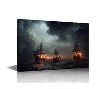 Framed Wall Art 1 Panel Pirates Ships Wall Painting Fighting Pirates Ships Pictures Print on Canvas for Living Room Decorations, Stretched and Framed Ready to Hang, 24" Wx16 H