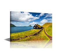 Framed Wall Art Canvas Living Room Decor Streymoy Island Faroe Denmark Velbastadur Village Typical Grass Roof House Bedroom Bathroom Wall Décor Scenery Decor 16x24inch