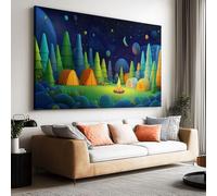 Framed Wall Art Decor Cartoon Starry Sky Grass 140x70cm Wooden Framed Canvas with Hooks, Canvas Prints Pictures for Living Room Bedroom Home Office Wall Decorations