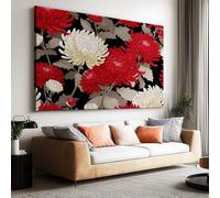 Framed Wall Art Decor Red And White Chrysanthemums 70x50cm Wooden Framed Canvas with Hooks, Canvas Prints Pictures for Living Room Bedroom Home Office Wall Decorations