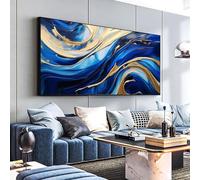Framed Wall Art Extra Large Modern Home Decor Abstract Blue and Gold Painting Printed Canvas Wall Art Pictures for Hotel Living Room Office Home Decor Framed Ready to Hang 100x200cm/39x79inch