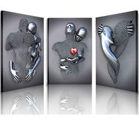 Wall Art for Living Room 3D Metal Effect Love Heart Couple Wall Art Decor for Bedroom 3 Pieces Modern Abstract Grey Black and White Canvas Prints Poster Picture Framed Paintings for Wall Decorations