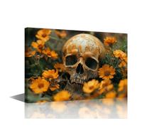 Framed Wall Art Human Skull Wall Artwork for Bathroom Gothic Halloween Prints Canvas Walls Art House Decorations Skull Amidst Yellow Flowers Modern Home Decor Walls Canvas Artwork Painting(18"Wx12"H)