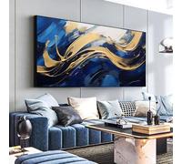 Framed Wall Art Modern Artwork Gold Blue Abstract Canvas Wall Art Prints Picture Art Paintings Decor for Living Room Bedroom 65x130cm/26x52inch With-Black-Framed Ready to Hang