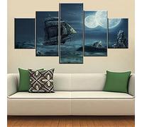 Framed Wall Art Sailing Boat Pictures Two Moons on Dark Stormy Sky Paintings for Living Room 5 Panel Prints Artwork on Canvas Giclee Modern Home Decorations Stretched Ready to Hang(60''Wx32''H)