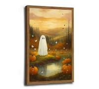 Framed Whimsical Autumn Ghost Scene with Pumpkins and Reflective Pond Art Indoor Decor for Home Offices Living Room Bedroom Dining Room farmhouse 30x40cm-Wood-Framed