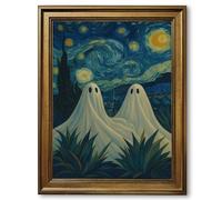 Framed Whimsical Ghost Under Starry Sky Poster Canvas Print Art, Contemporary Modern Wall Art, Funky Painting, Unique Wall Decor, Cute Art Print for Living Room (Retro Framed,24L X36W)