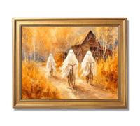 Framed Whimsical Ghosts Riding Bicycles Autumn Farm Scene Poster Canvas Print Art Vintage Rustic Wall Art Painting Pictures Wall Decor Cute Home Decor for Living Room Bedroom (Retro Framed,12"Lx16"W)