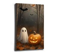 Framed Whimsical Halloween Forest Scene with Jack-o'-Lantern and Ghost Poster Indoor Decor for Home Offices Living Room Bedroom Dining Room farmhouse 30x40cm-Framed
