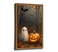 Framed Whimsical Halloween Forest Scene with Jack-o'-Lantern and Ghost Poster Indoor Decor for Home Offices Living Room Bedroom Dining Room farmhouse 30x40cm-Wood-Framed