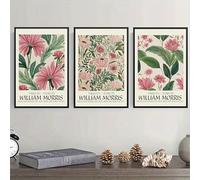 Framed William Morris Set of 3 Floral Art - Beige, Green & Pink Leaf Print, Vintage Textile Style, Arts an Crafts Botanical Wall Decor. (Black, A3, Framed)