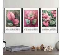 Framed William Morris Set of 3 Floral Leaf Art - Beige, Green & Pink Purple Leaf Print, Vintage Textile Style, Arts an Crafts Botanical Wall Decor. (Light Wood, A3, Framed)