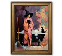 Framed Witch with Black Cat in Bathtub Poster Canvas Print Art, Whimsical Elegant Wall Art Painting, Modern Pictures Art Print, Wall Decor for Bedroom Bathroom (Retro Framed,12L X18W)