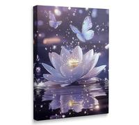 Framed Zen Meditation Serene Purple Lotus Flower Floral Canvas Wall Art, Spiritual Bathroom Butterfly Waterfall Room Decor, Relaxing Flower of Life Pictures Artwork Ready to Hang (16"x24")