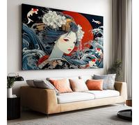 Frameless Canvas Wall Art Japanese Beautiful Geisha Abstract Waves Artwork, Waterproof Modern Print Wall Decoration for Living Room - Bedroom Pictures for Wall or Prints for Walls - 100 x 75 cm