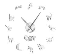 Frameless Cornish Rex Cat Breed 3D DIY Wall Clock Kitty Animals Acrylic Mirror Effect Wall Sticker Kit Decoration Clock Watch(Silver,47inch)