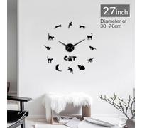 Frameless Cornish Rex Cat Breed 3D DIY Wall Clock Kitty Animals Acrylic Mirror Effect Wall Sticker Kit Decoration Clock Watch(Black,27inch)