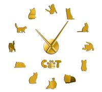 Frameless Cute Kitten Cat Breed DIY 3D Acrylic Wall Clock Kitty Animals Kit Decoration Cat Lover Gift Self Adhesive Clock Watch(Gold,47inch)