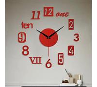 Frameless DIY 3D Wall Clock - Large for Living Room, Kitchen, Bedroom, Office - Acrylic Digital Modern Stick-On Clock Home Decor (YA-Red)