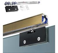 Frameless Glass Door Soft Close Track Kit 3.0m/9.8ft Single Rail Sliding Door with Black Glass Clamp for Pocket Bathroom DoorsChampagne Finish