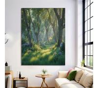 Frameless green Healing scenery Morning light and misty forest Canvas Wall Art Painting on Canvas Print Picture for Living Room Hallway Stairs Bedroom Bathroom Wall Decor 50 x 70 cm