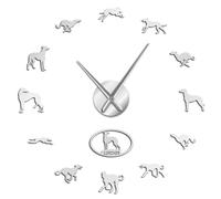 Frameless Lurcher Silhouette Big DIY Wall Clock Modern Design Hunting Dog Puppy Non Ticking Clocks Movement Home Decor Stickers(Silver,37inch)