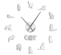 Frameless Russian Blue Cat Breed Long Hands DIY Wall Clock Animals Design Kit Decoration Acrylic Mirror Surface DIY Clock Watch(Silver,27inch)