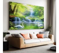 Frameless Wall Art Green Horizontal Fantasy Forest Waterfall River Painting On Canvas, for Living Bedroom Large Size Wall Art, Modern Home Decor 140 x 70 cm (L x W) Frameless Hanging Picture