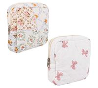 Framendino, 2 Pack Floral Quilted Makeup Bag Bow knot Pattern Cute Toiletry Zipper Cosmetic Pouch Multipurpose Organizer for Women