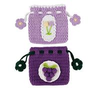 Framendino, 2 Pack Small Crochet Drawstring Pouches Cute Fruit Floral Coin Purse Handmade Knitted Storage Bag for ID Credit Card Jewelry Change (Grape, Tulip)