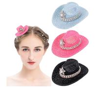 Framendino, 3 Pack Cowboy Hat Hair Clips Western Metal Glitter Clip for Disco Party Cap Cosplay