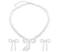 Framendino, 3 Pack Pearl Bow Necklace and Earring Set White Bowknot Bows Earrings for Women Christmas Gift