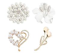 Framendino, 4 Pack Pearl Floral Brooch Rhinestone Lily Flower Brooches Pins Set Simulated Crystal Heart Pin for Women Weeding