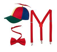 Framendino, Rainbow Propeller Hats Detachable Helicopter Top Cap Baseball Hat with Y Back Style Suspenders Bow Tie for Adult, Red, 1 Pack