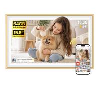 Frameo Digital Photo Frame, 15.6 Inch WiFi Digital Picture Frame, 1920x1080 HD IPS Touchscreen, 64GB Storage, Auto-Rotate, Wall Mountable, Share Photos/Videos via Frameo App (Gold Wood)