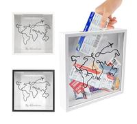 FramePro Adventure Archive Frame, Travel Memory Shadow Box with Slot, World Map Design for Tickets Rainy Fund Keepsakes Photos 11x11(White)