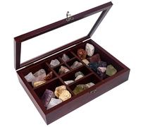 FramePro Rock Display Case, 12x8 Crystal Collection Box with Shelves, Onyx Opal Crystal Stand Displayed in Grids, Doll Show Holder with Real Glass Lid （Reddish-Brown）
