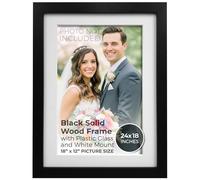 FRAMES BY POST 25mm Black Photo Picture Poster Frame with White Mount 24" x 18" For Pic Size 18" x 12" with Plastic Glass - Solid Wood Frames with Acrylic Glass for Pictures With Wall Hanging Hooks