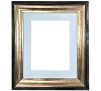 FRAMES BY POST Firenza Antique Distressed Black and Gold Picture Photo Frame Plastic Glass with Blue Mount 9"x7" for Picture Size 7"x5"